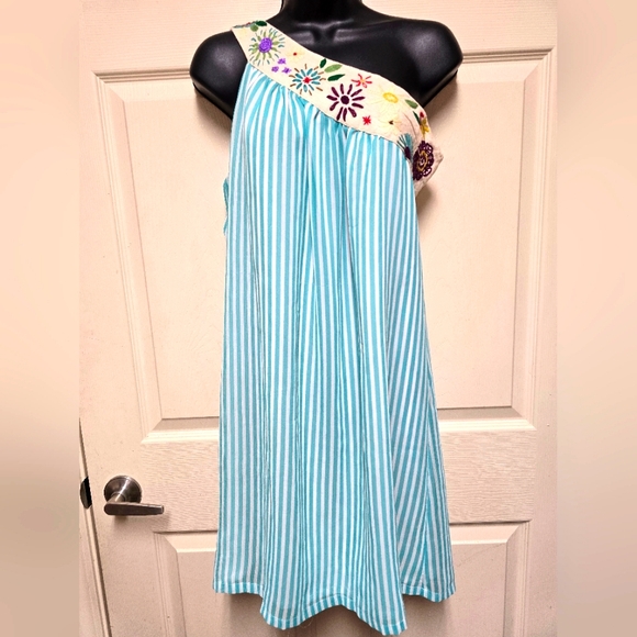 Judith March One Shoulder Embroidered Teal Blue Striped Mini Dress Womens Size M - Picture 1 of 16